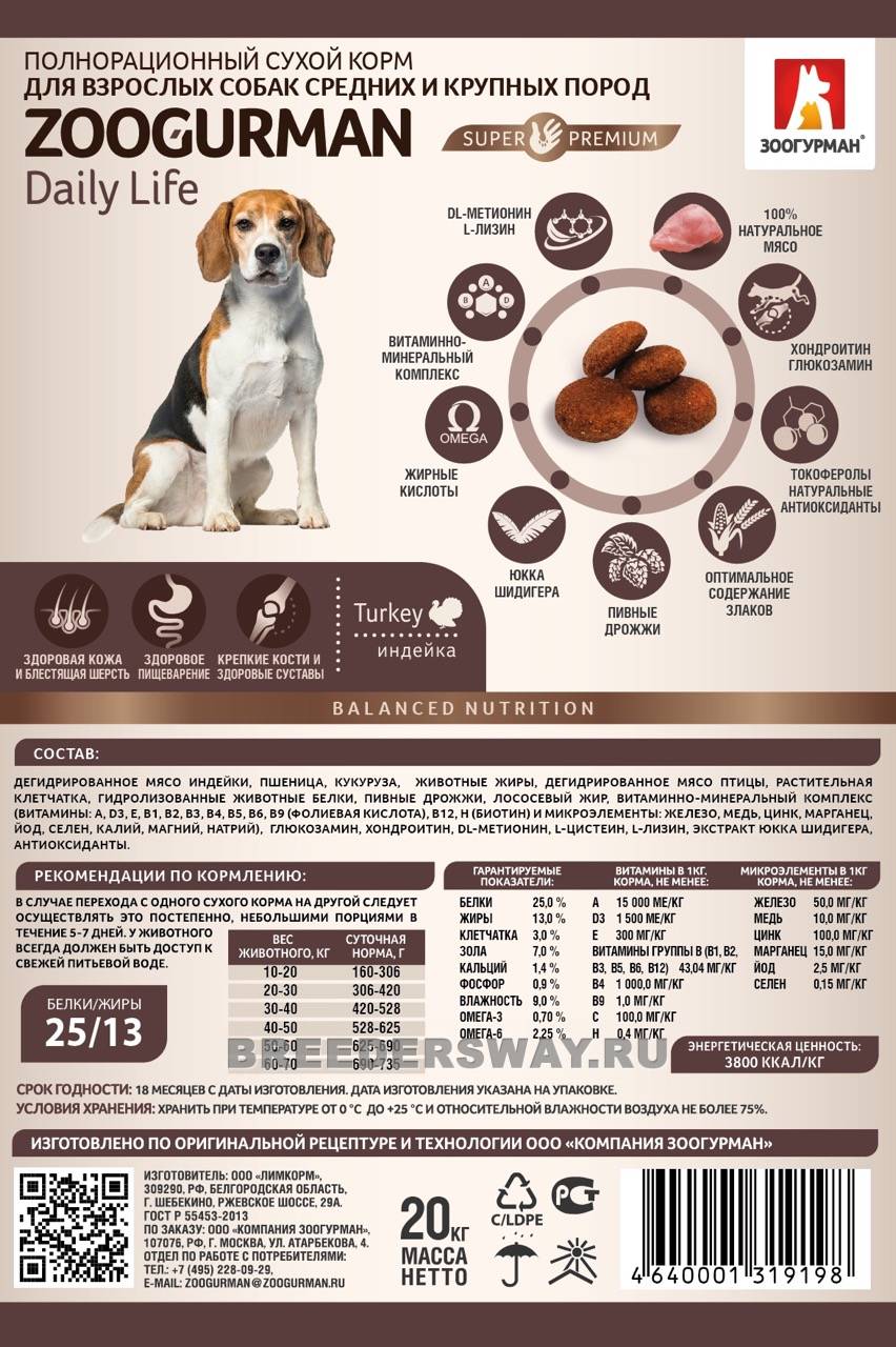 20кг Zoogurman Daily Life для собак крупных пород супер-премиум Индейка 25/13 14мм