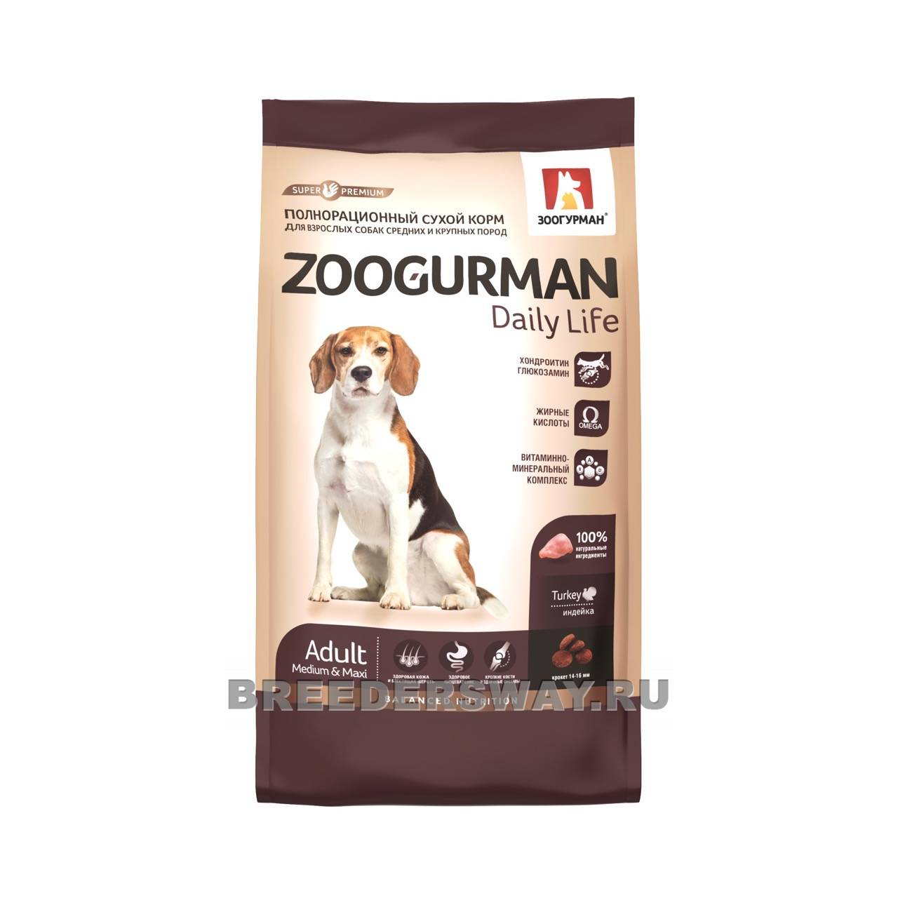 2.2кг Zoogurman Daily Life для собак крупных пород супер-премиум Индейка 25/13 14мм